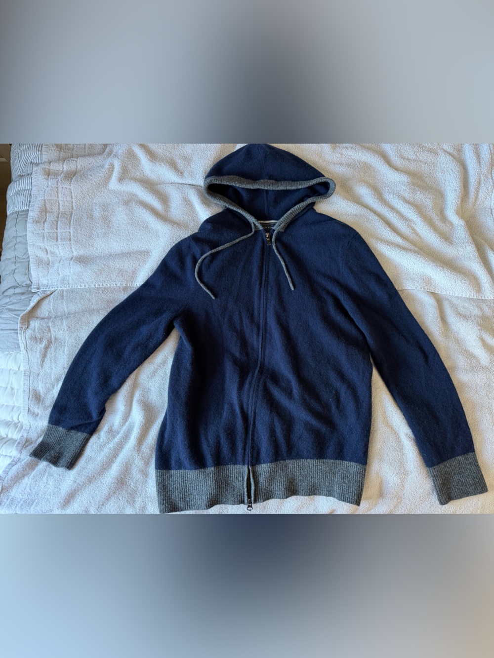 Banana Republic 100% merino Navy Zip Hooded Sweater with Gray Trim